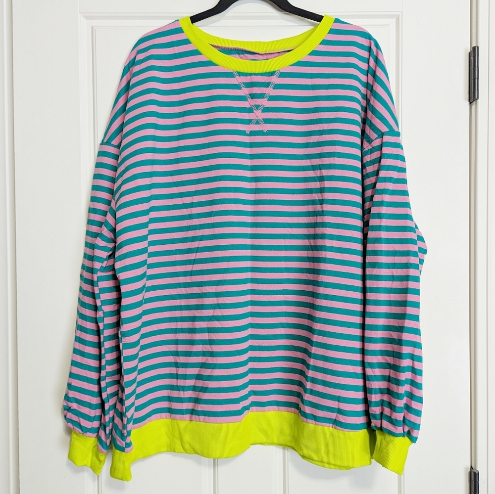 NWT Oversized Sweatshirt Teal and Pink Stripes Contrast Sleeves 2XL